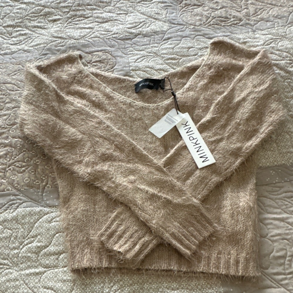 MINKPINK Taupe V-Neck Fuzzy Soft Knit Pullover Sweater Long Sleeve Size S